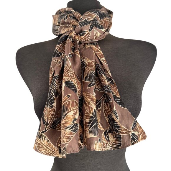 Accessories - Korean Silk Scarf in Brown and Black Leaf Pattern Vintage
